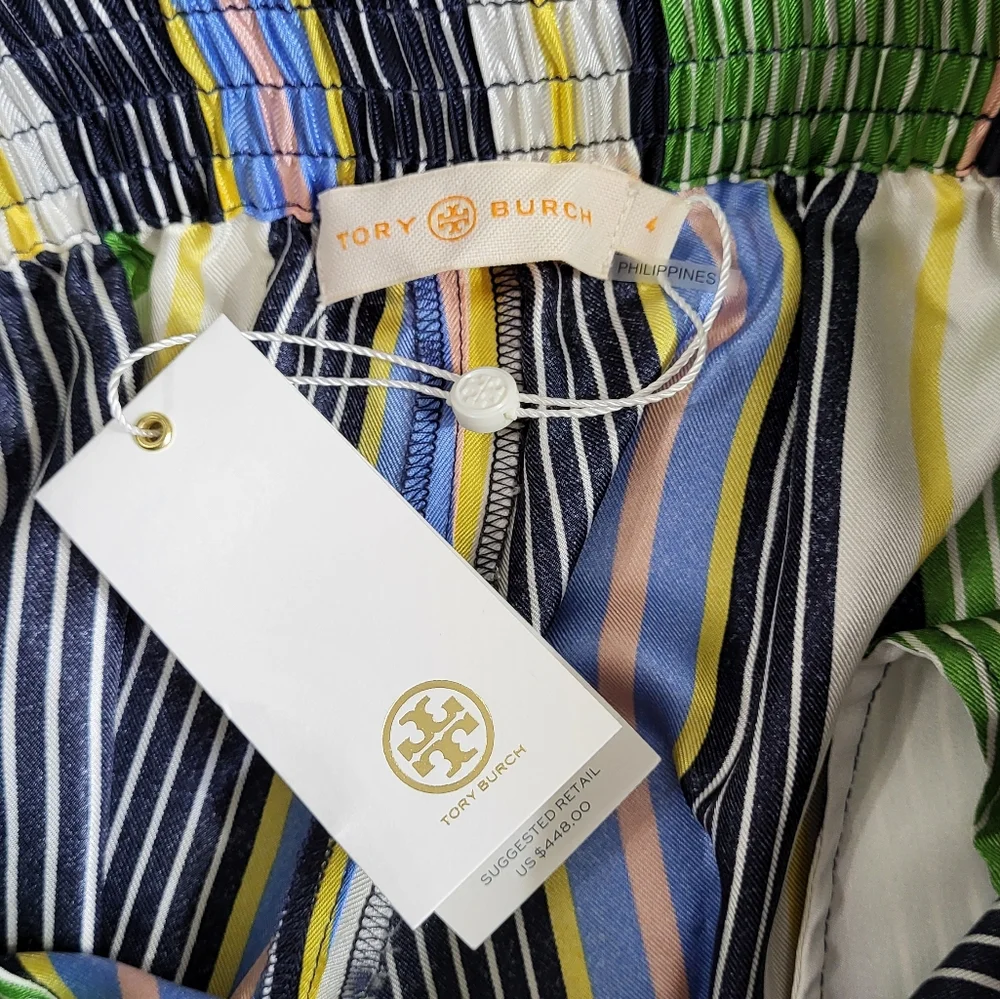 TORY BURCH Silk Pajama Pant Jogger in Field Day Stripes Blue Green Size 4
